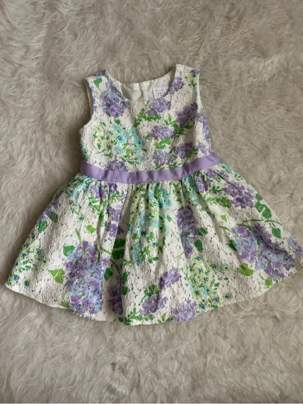 The Children's Place White Lace Spring Pastel Floral Dress with Purple Ribbon